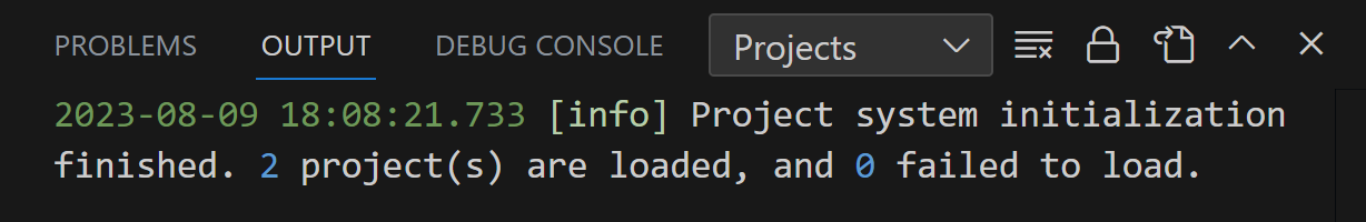 Project system initialization finished. 2 project(s) are loaded, and 0 failed to load.