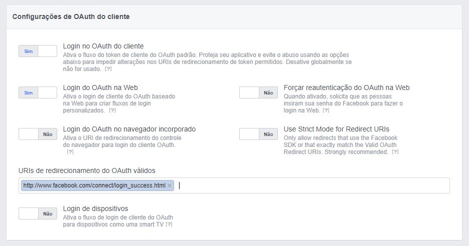 Imagem mostrando a tela de configuração da aplicação no Facebook