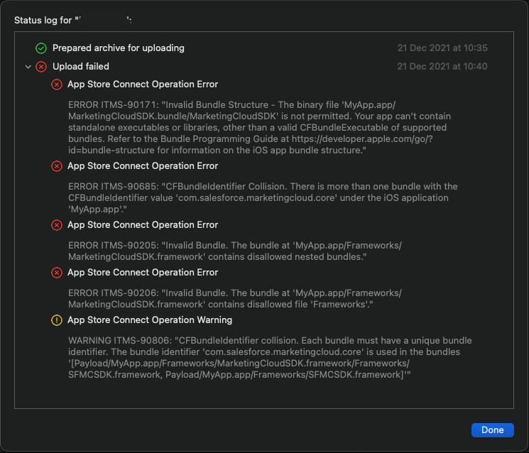 Error when trying to upload app to App Store Connect