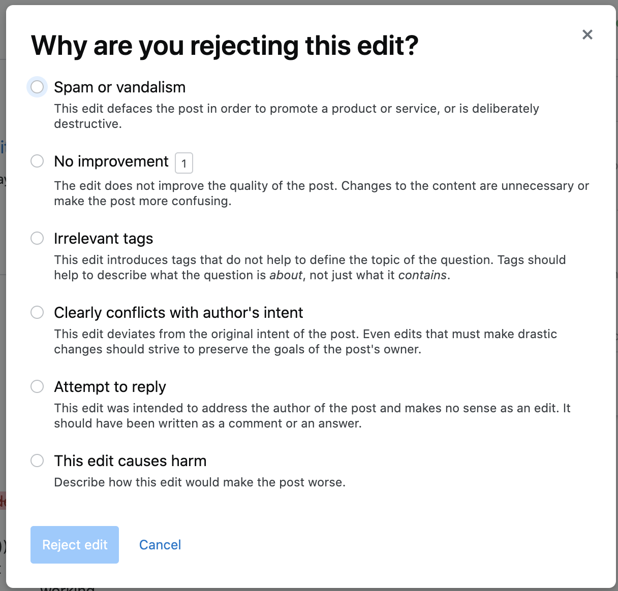 The available reasons for rejecting an edit are: Spam or vandalism, No improvement, Irrelevant tags, Clearly conflicts with author's intent, Attempt to reply, and Causes harm.