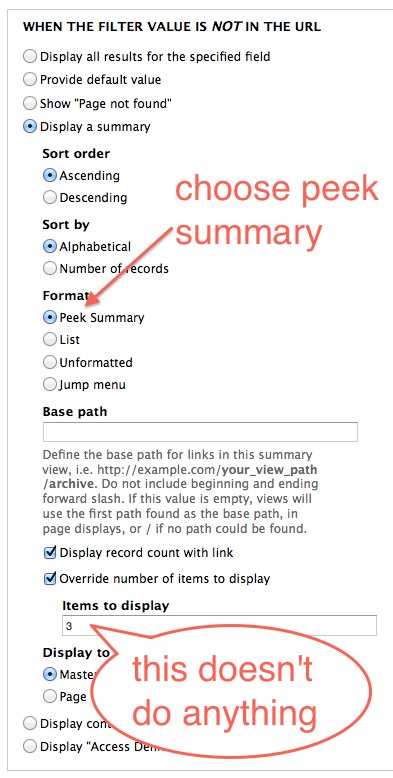 Choose Peek Summary from 'Contextual Filters' > 'When the filter value is not in the URL' > 'Display a summary' > 'Format'