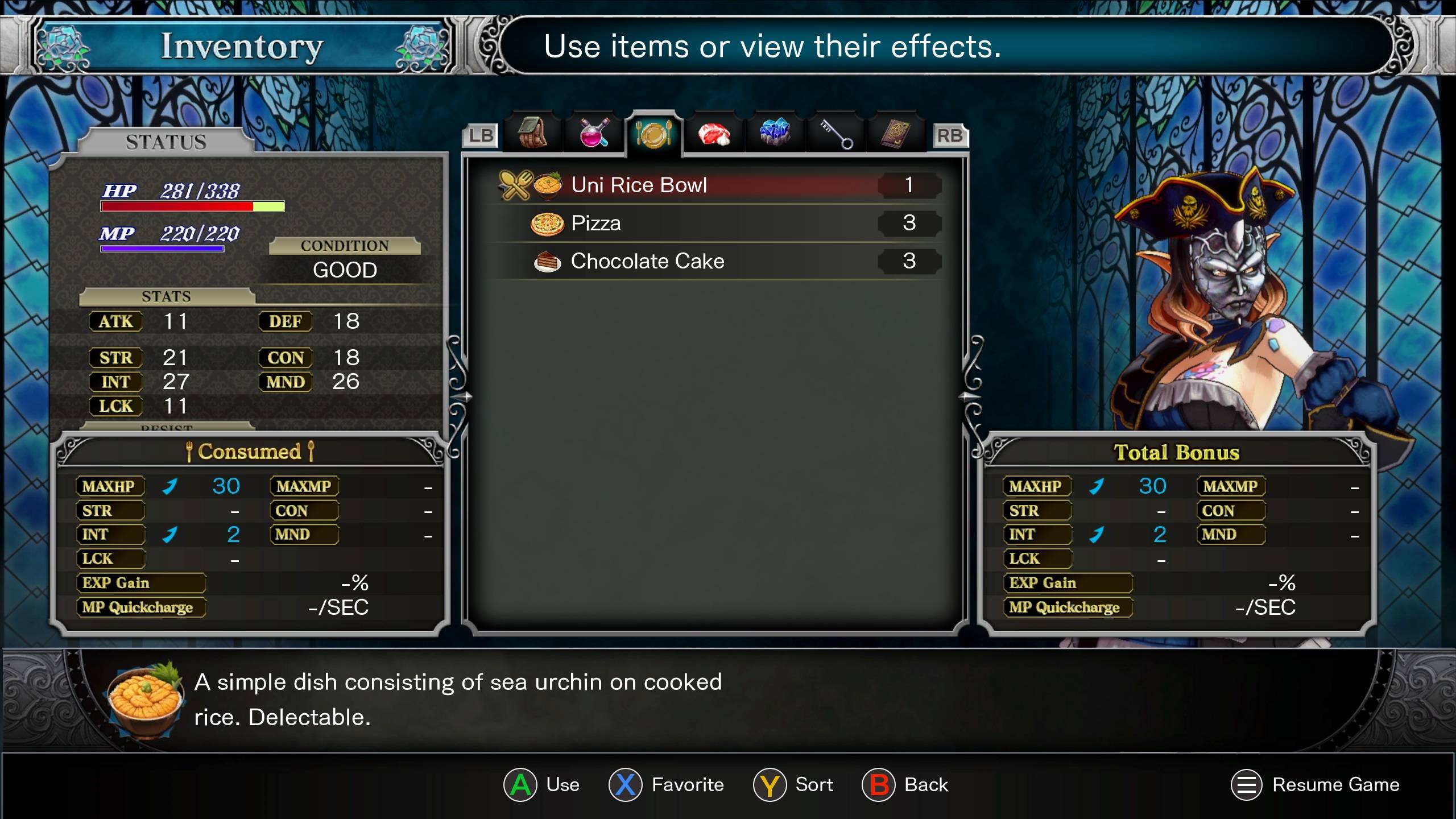 inventory screen looking at the food tab and consumed food