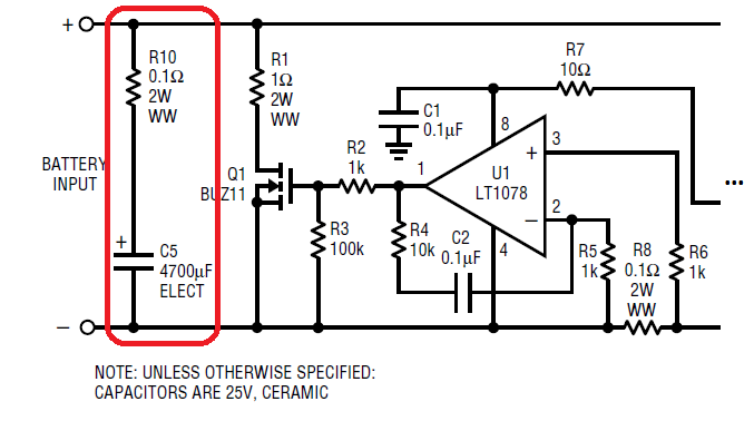 AN58 - Battery Simulator schematic - detail of R10 and C5