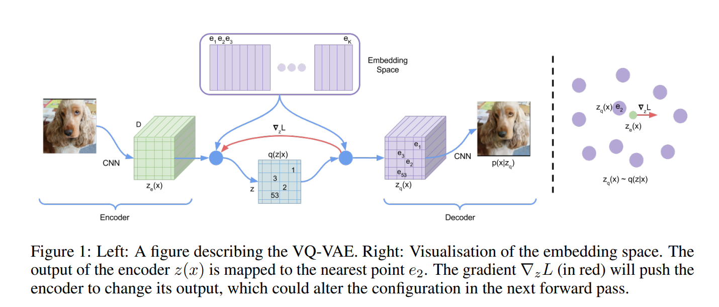 VQ-VAE architecture, with red arrow signifying gradient skipping from quantized code vector to encoder output