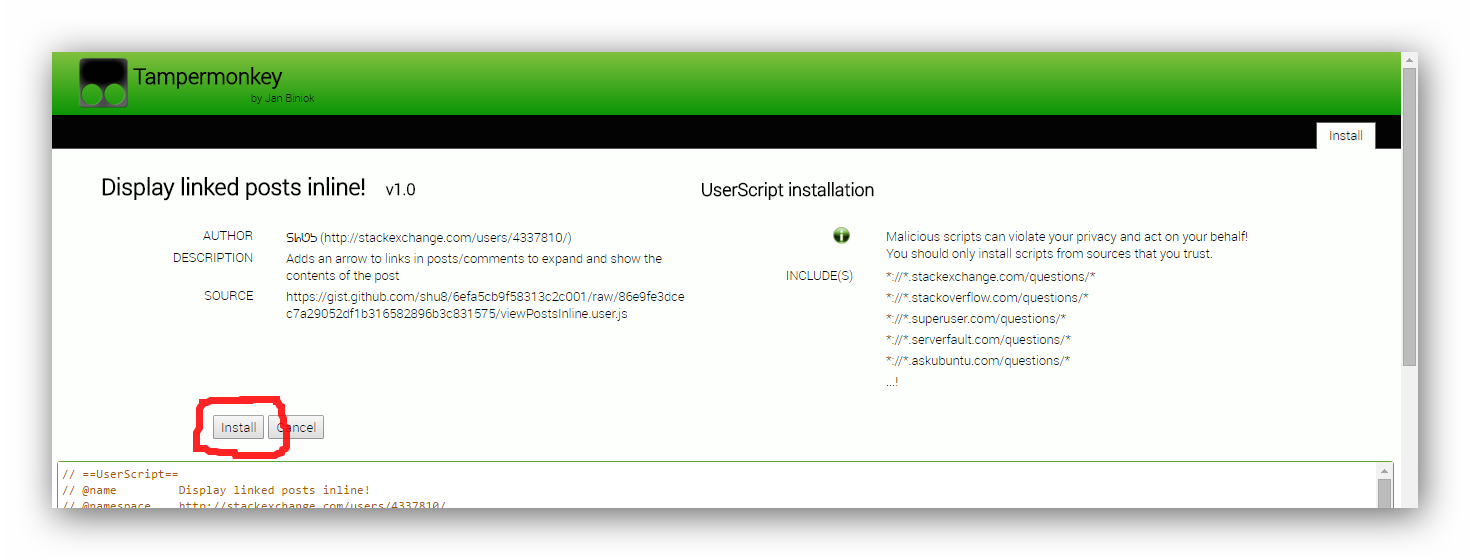 Tampermonkey userscript installation dialog