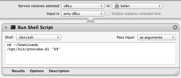 Automator script to download selected YouTube URL