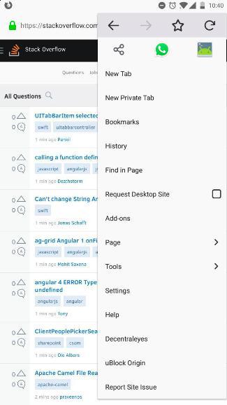 Overflow menu in Firefox app