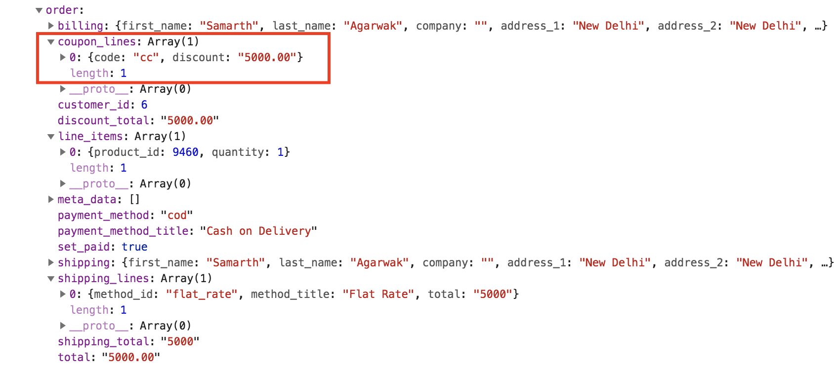 The order total should should be 5000, but it is 10000 in the WordPress admin panel because the Coupon Code for 5000 has no effect. Also, the <code>discount_total</code> has no effect. It is 0 in the response <code>order</code> object.