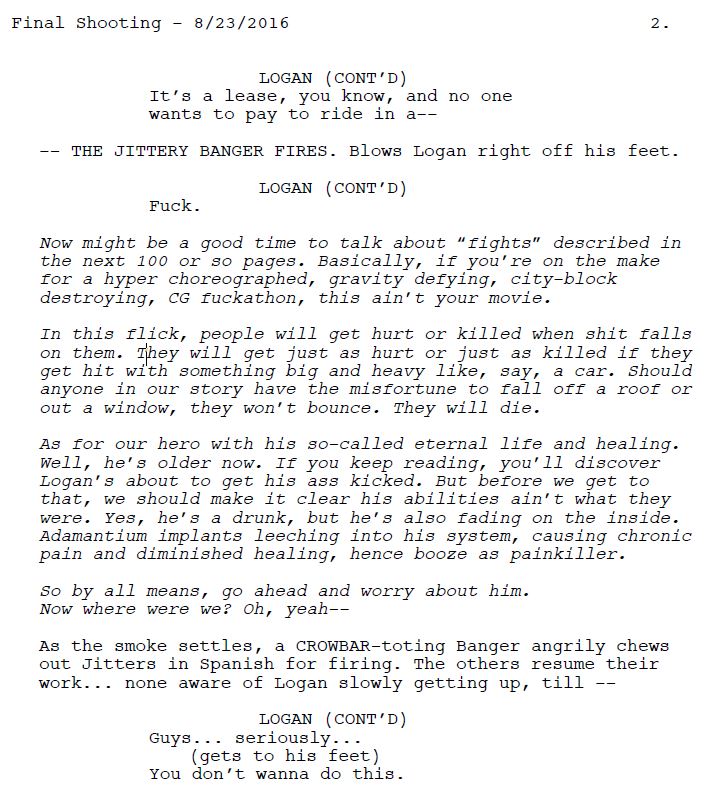 Screen capture of the screenplay from the movie "Logan" (2016).