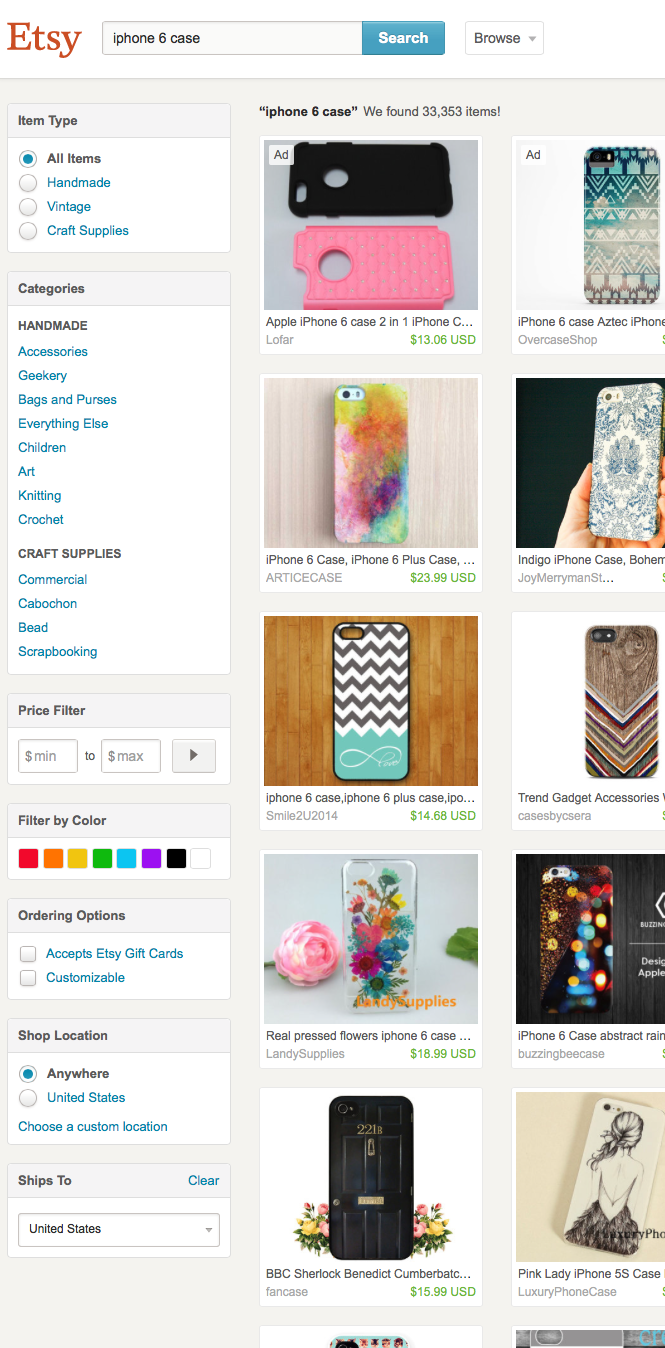 Screenshot of Etsy search result