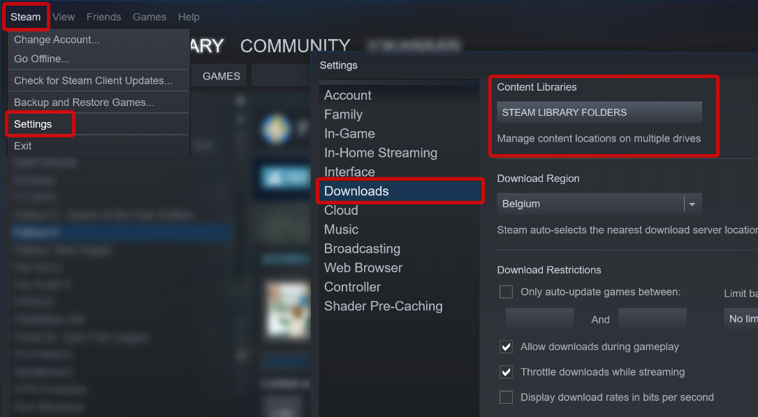 Steam->Settings->Downloads->Steam Library Folders