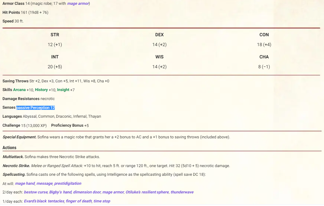 Sofina's stat block, with a passive Perception of 12