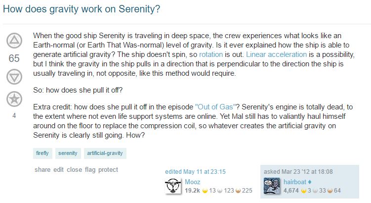 Screen cap of question: "How does gravity work on Serenity?" (https://scifi.stackexchange.com/q/13621/21267