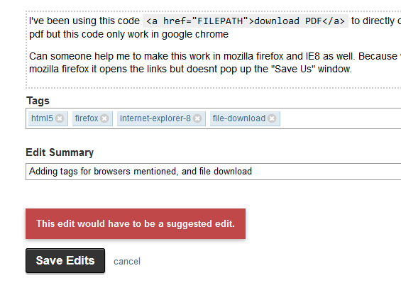 Screenshot of the edit page with an error saying: "This edit would have to be a suggested edit."