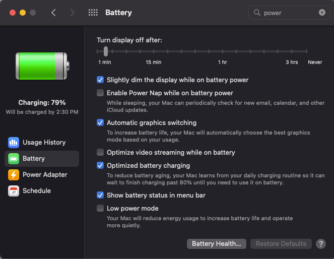 Battery settings screenshot when charging