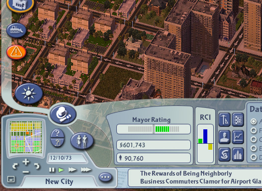 A screenshot of the lower left corner of SimCity 4's UI, with the clock reading '12/10/73'