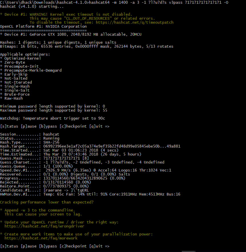 Terminal output of hashcat, with a time estimate of 26 days, 5 hours to crack the password.