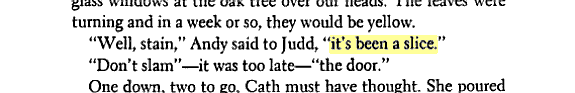 "Well, stain," Andy said to Judd, "it's been a slice." "Don't slam"— it was too late— "the door." One down, two to go, Cath must have thought.