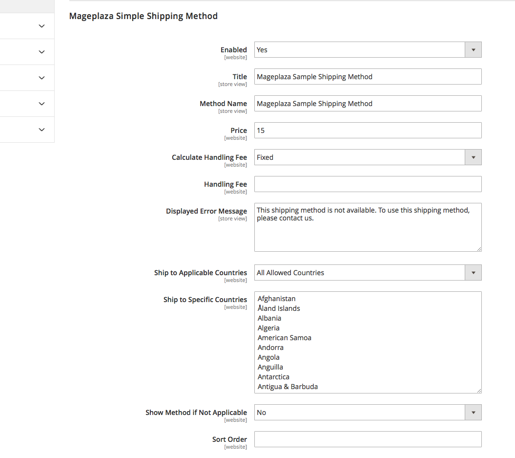 Shipping settings