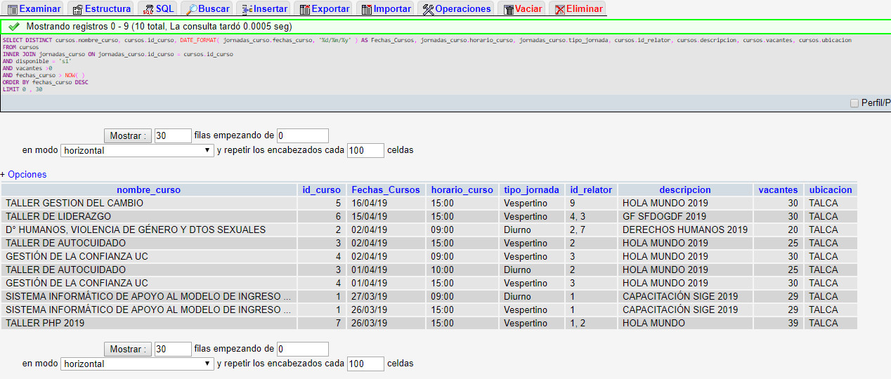 Foto de la consulta en phpmyadmin