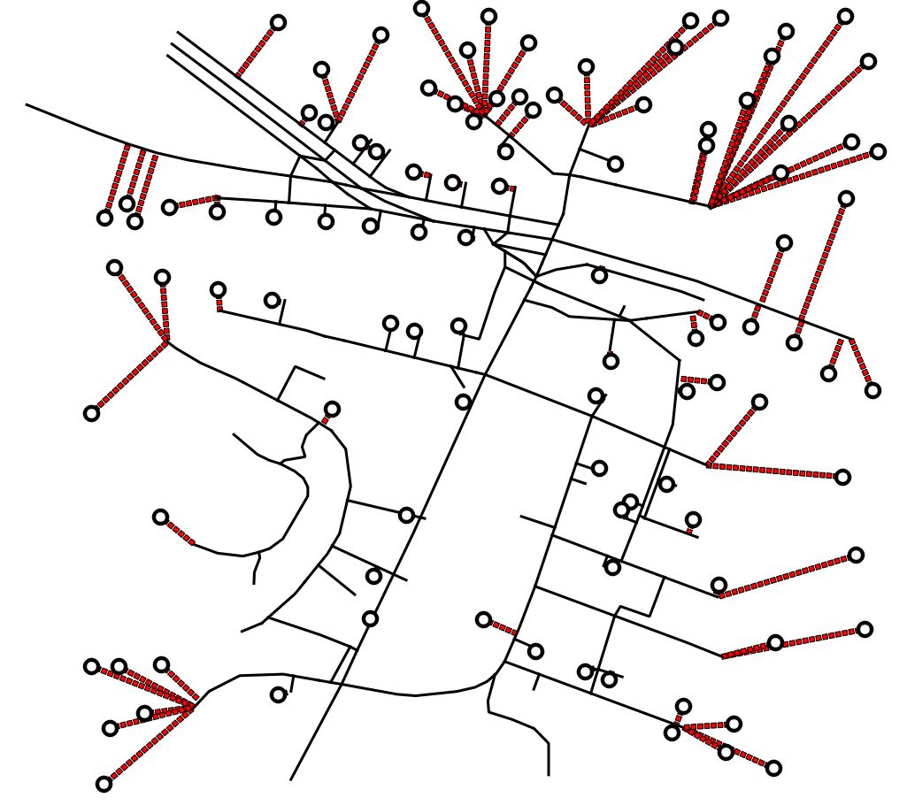 How to create a new table containing the black lines (the_network) and the red lines (buildings_to_network_lines_table)