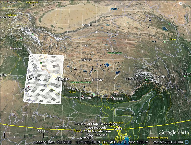 Location  of child grid as superimposed on Google Earth