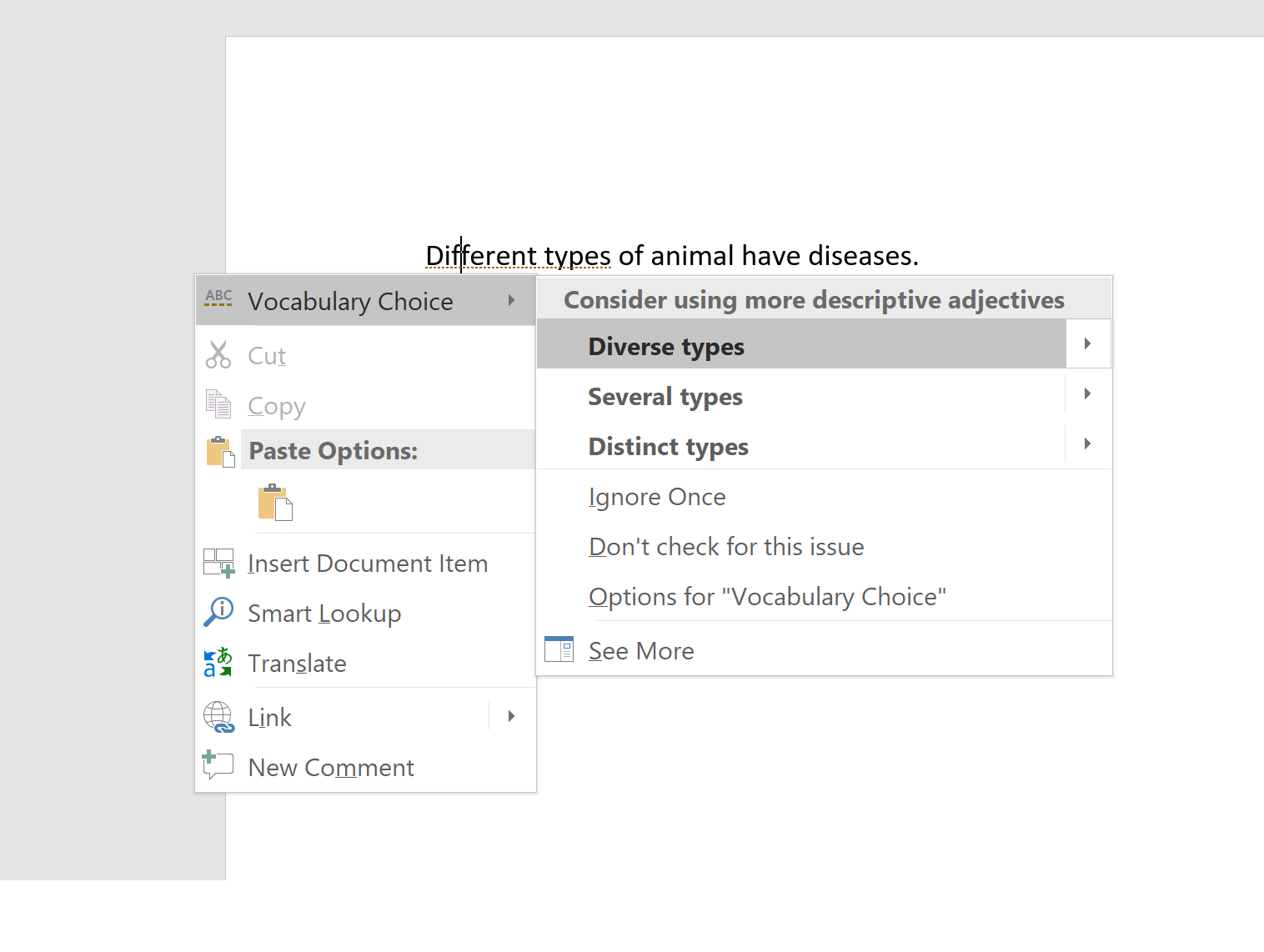 Microsoft Word grammar checker highlighting "different types"