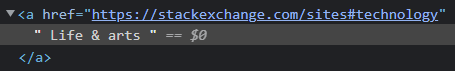 HTML source code showing that "Life & arts" has an href attribute leading to #technology