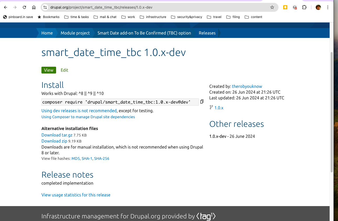 Screen shot of dev release for smart_date_time_tbc showing compose require instructions