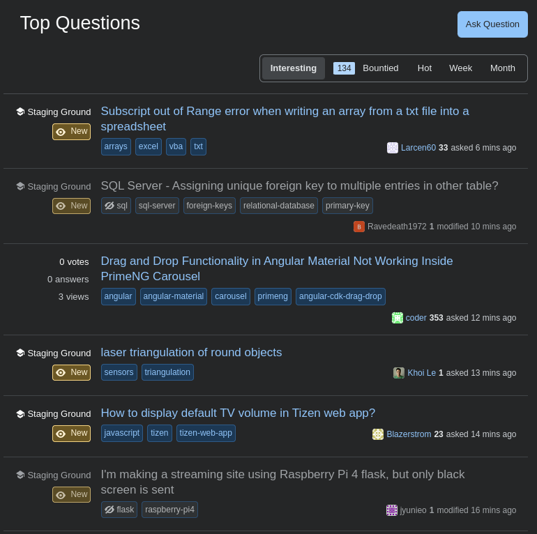 screenshot showing two questions with ignored tags on the front page