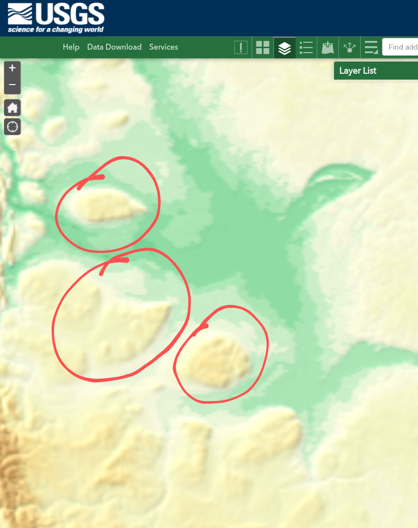 Elevated areas in canada on elevation map, circled for emphasis