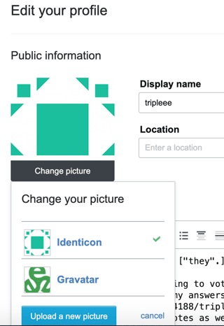 Profile editor shows Gravatar and Identicon (selected)