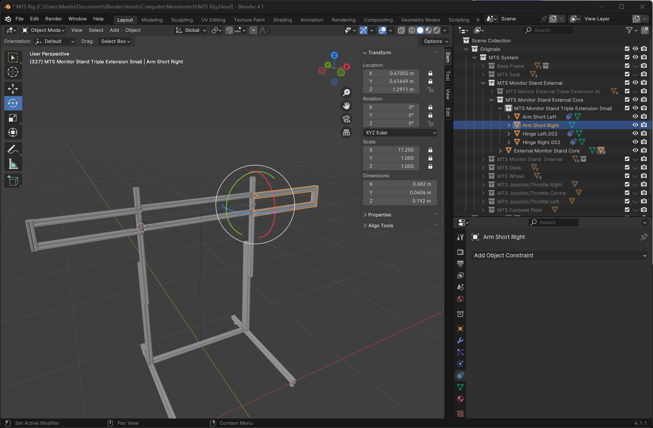 Starting point with the arms straight and the right arm (the draggable one) selected