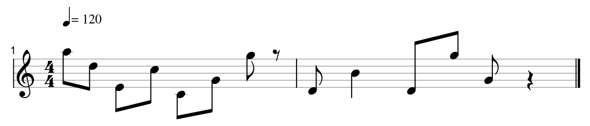 The notes A5, D5, E4, C5, C4, G4, G5, 8th rest, D4, B4, D4, G5, G4, half rest