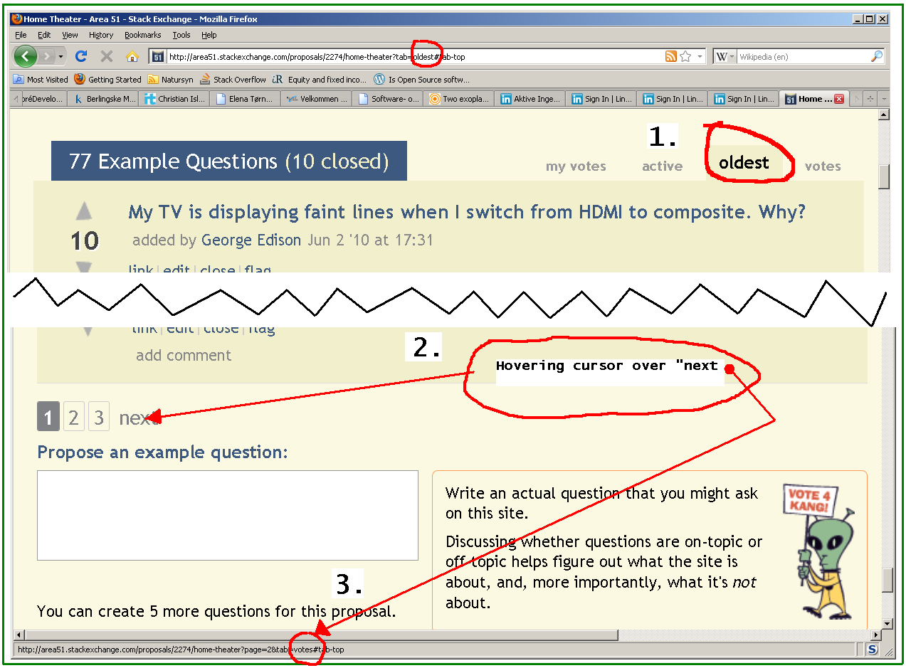 Annotated screen dump illustrating the "&tab=votes" links from an "oldest" sort order page.