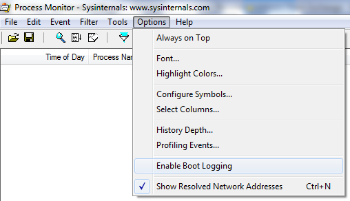 Process Monitor Boot Logging