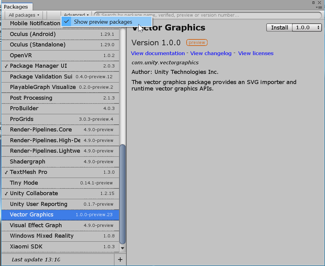 Screenshot of enabling "Show preview packages" to show the Vector Graphics package