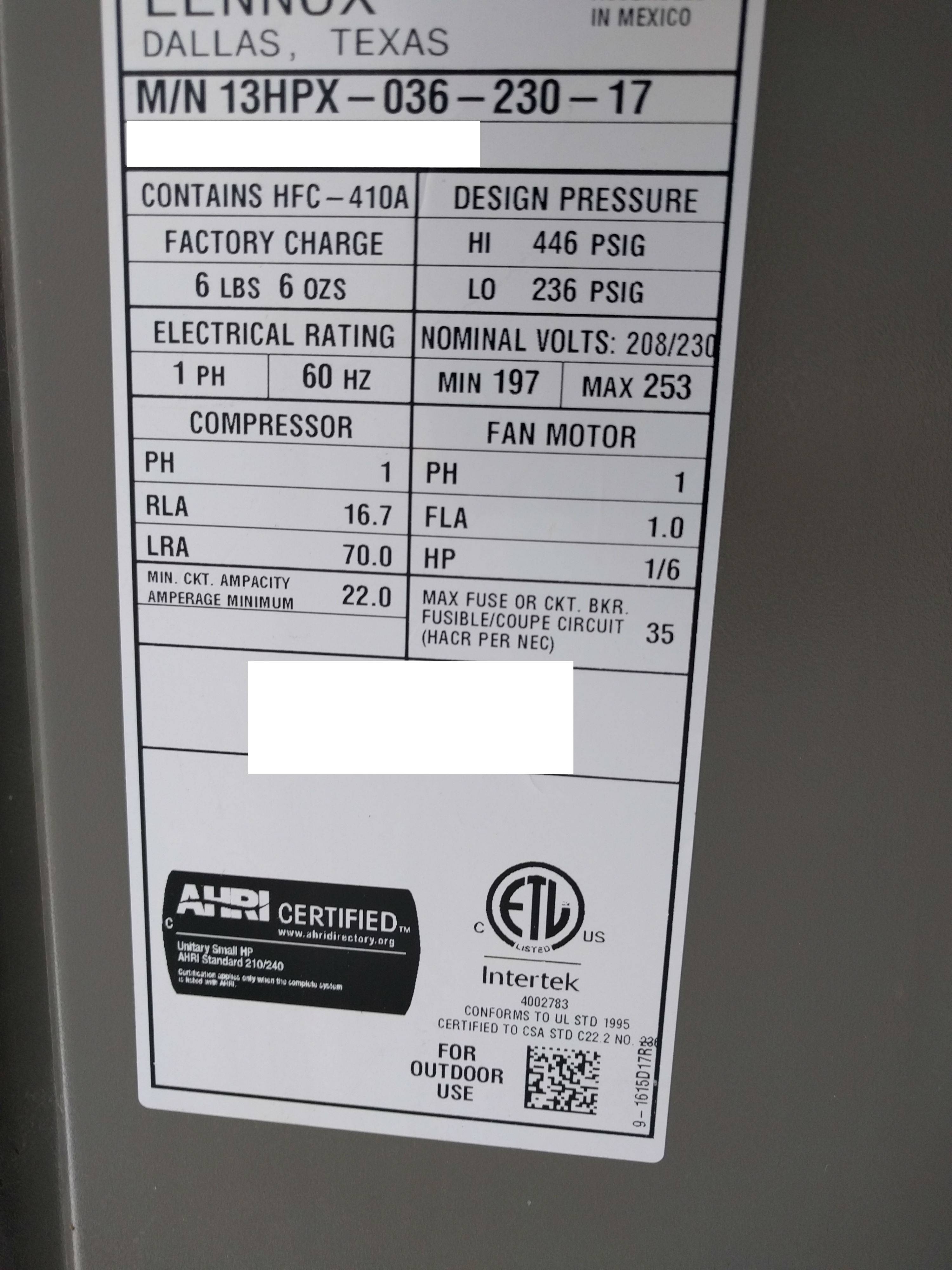 Outside Unit specifications