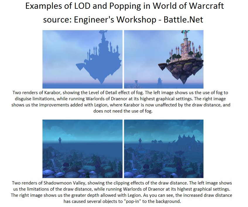 Examples of Level of Detail and Popping, comparing Warlords of Draenor to Legion. Link: Engineer's Workshop @ Battle.Net: Extended Draw Distance - World of Warcraft