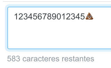 Após digitar um emoji, agora faltam 583 caracteres. O emoji foi contado como 2 caracteres