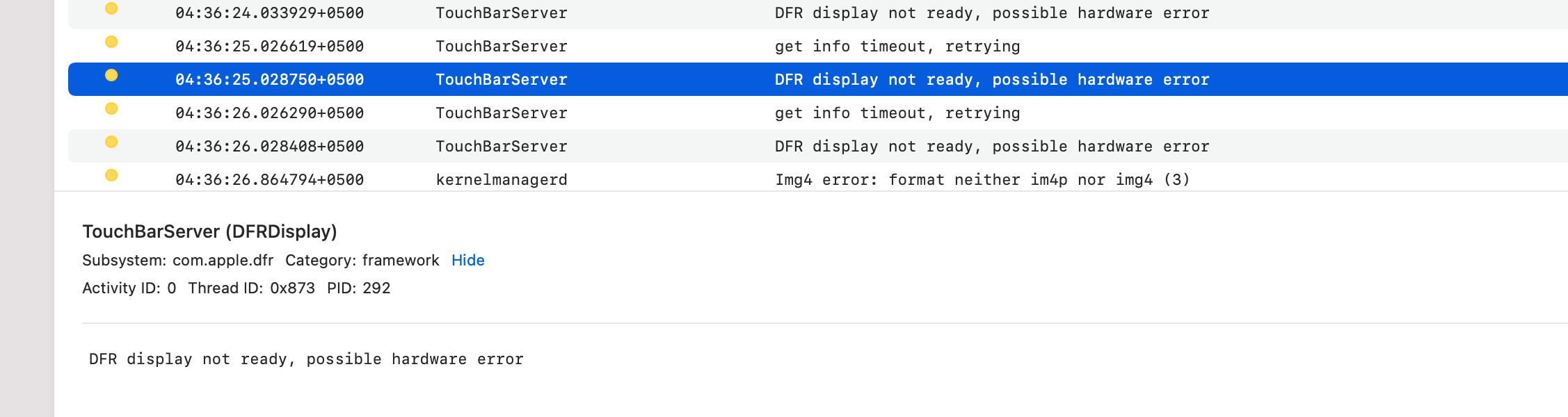 Console app showing mac saying display is not ready