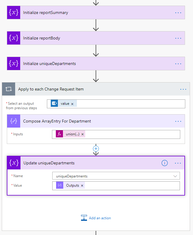 Screenshot of Steps to build Array of Unique Departments