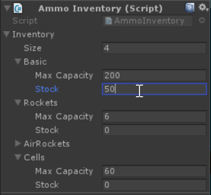 Example of inventory editor with named groupings of maxCapacity and stock for each ammo type