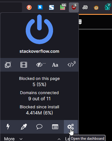 Screenshot of the menu shown when clicking the uBlock Origin extension icon in Firefox. At the bottom there are five buttons, the fifth one has a tooltip "Open the dashboard"