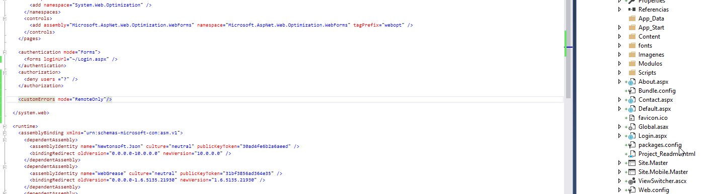 Web.Config donde se muestra configuración de autenticación