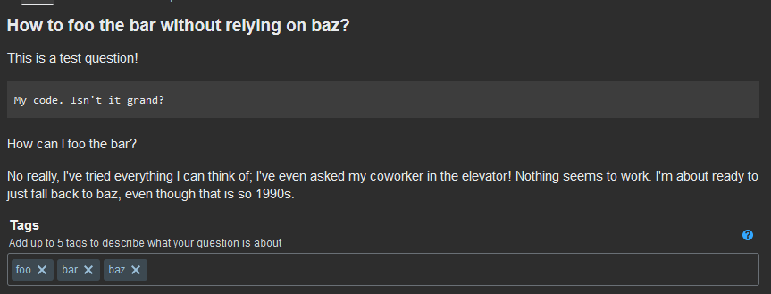 Screenshot of the /ask page with a sample question, including the tags input field below