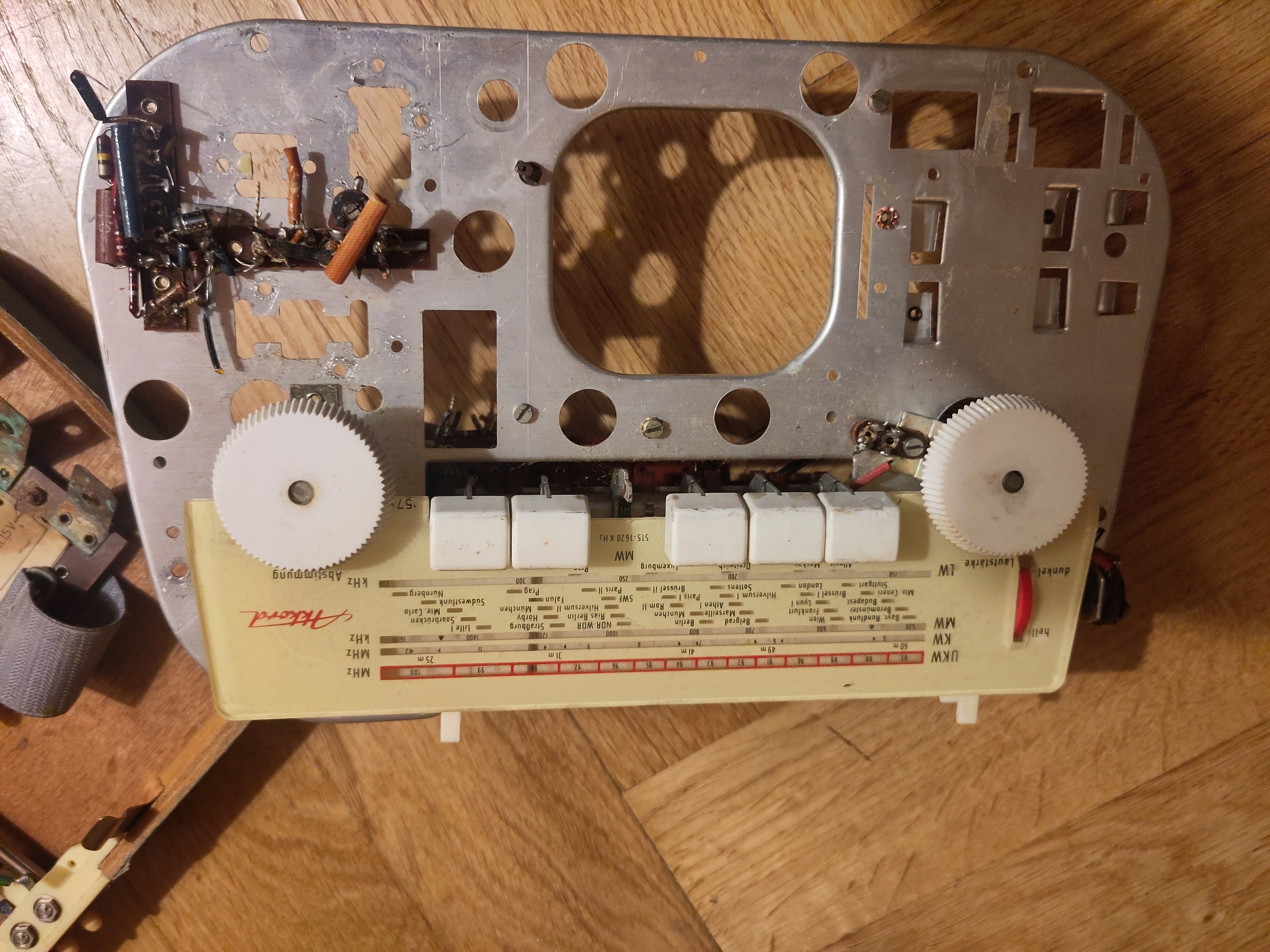 Part of inside "live" of transistor Radio, electronics removed