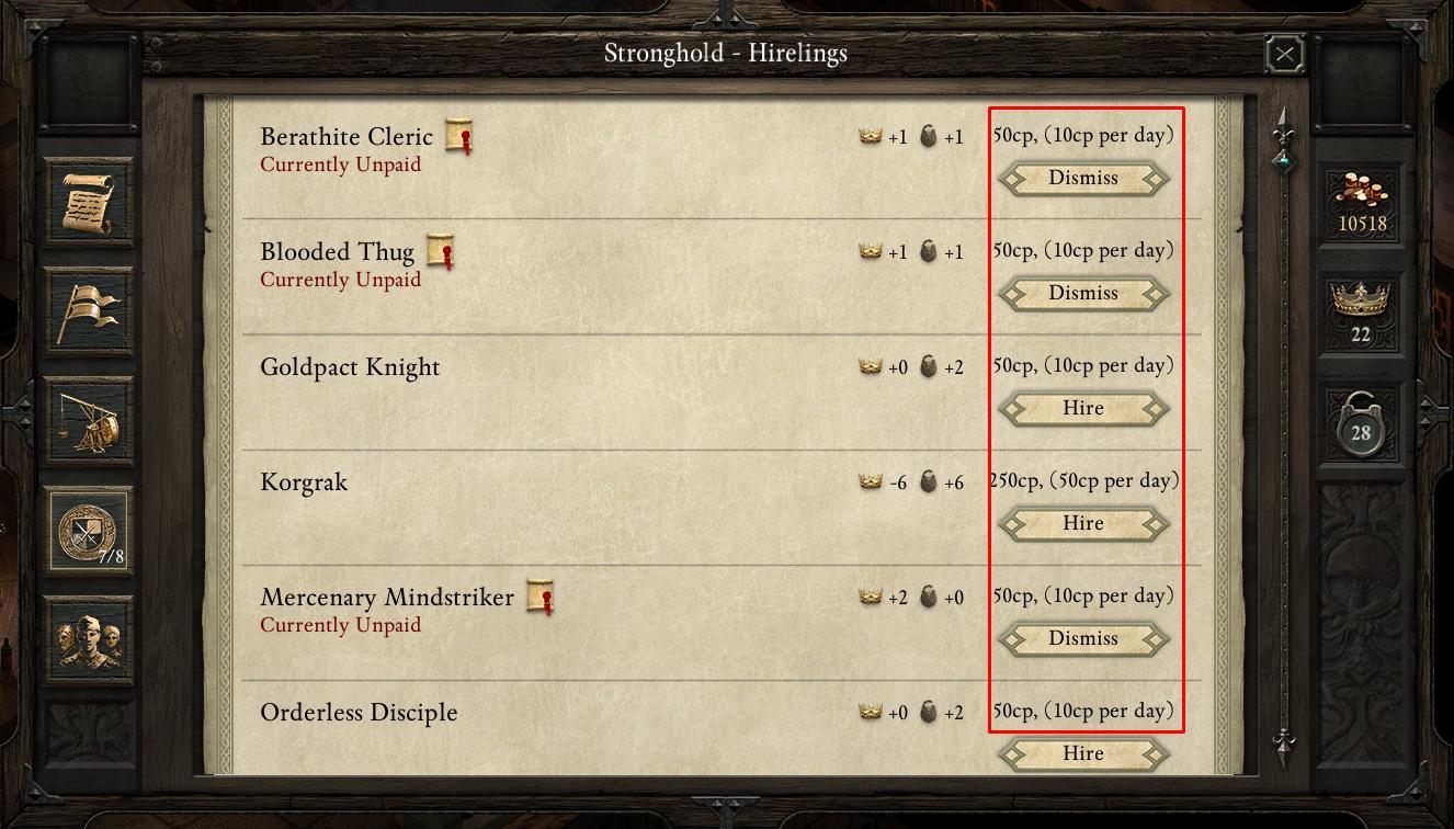 screenshot of hireling screen with wages