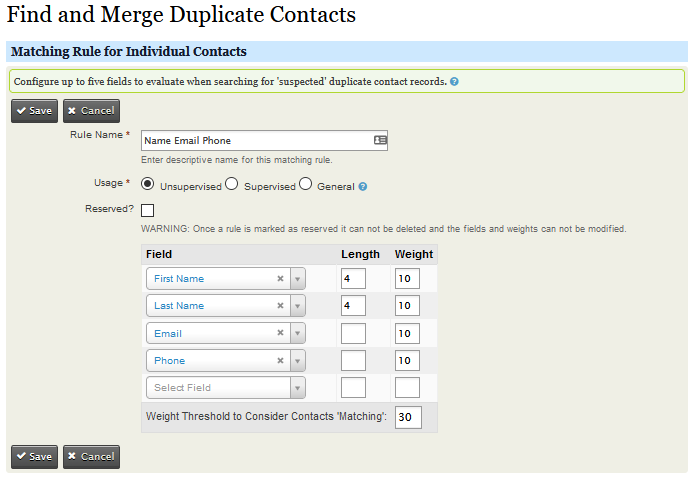 Default Unsupervised matching rule for Individual