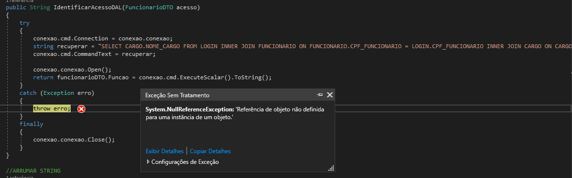 Erro NullReferenceException no throw
